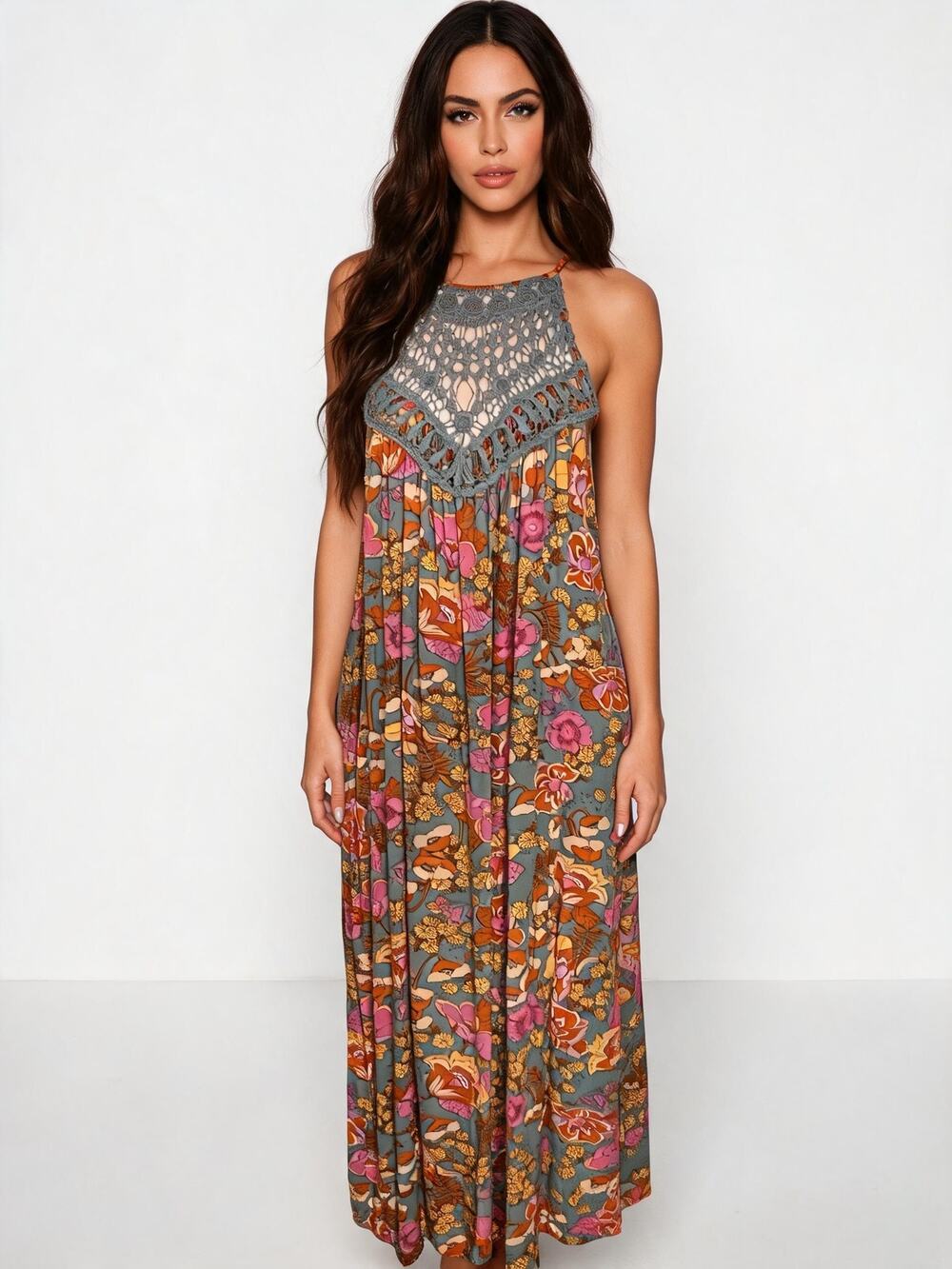 Faroro Retro Floral Crochet Halter Maxi Dress Size Medium